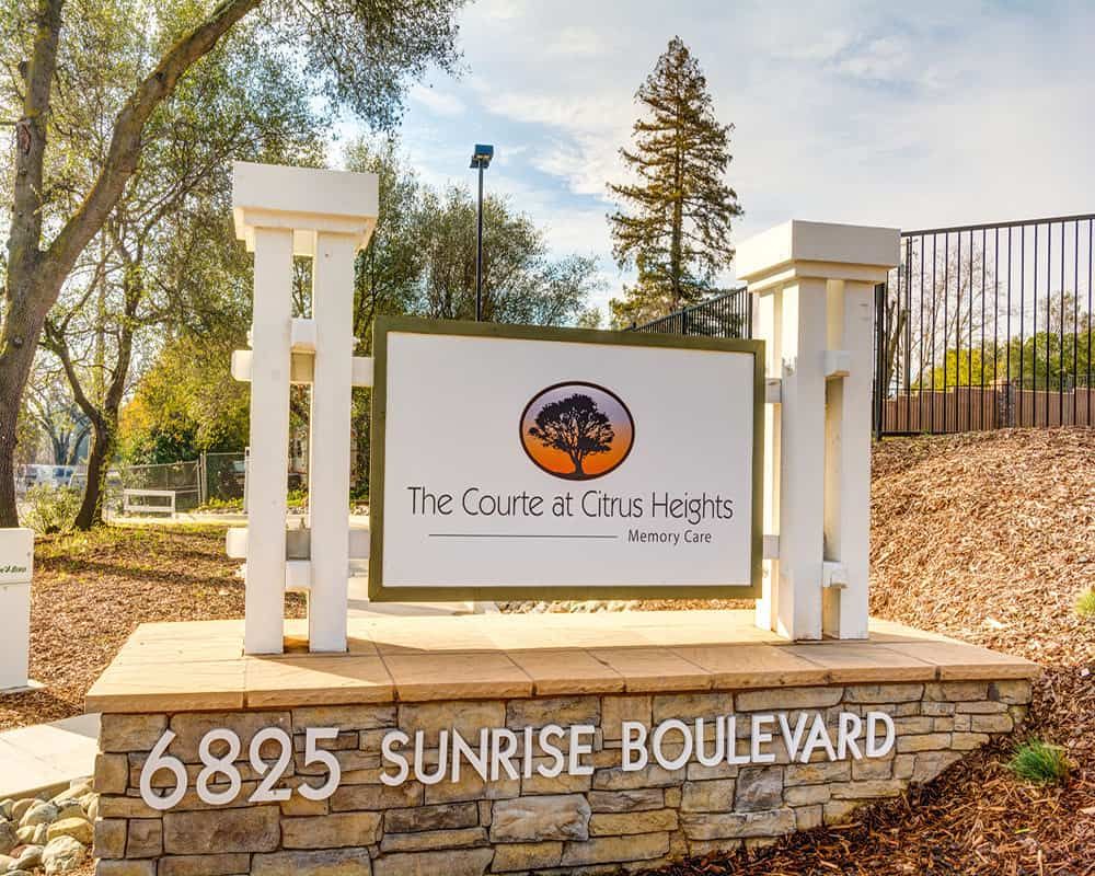 Entrance sign for The Center at Citrus Heights with address 6825 Sunrise Boulevard.