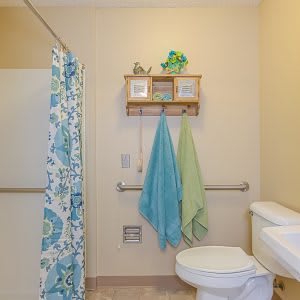 A bathroom with a toilet, shower area, and hanging towels.
