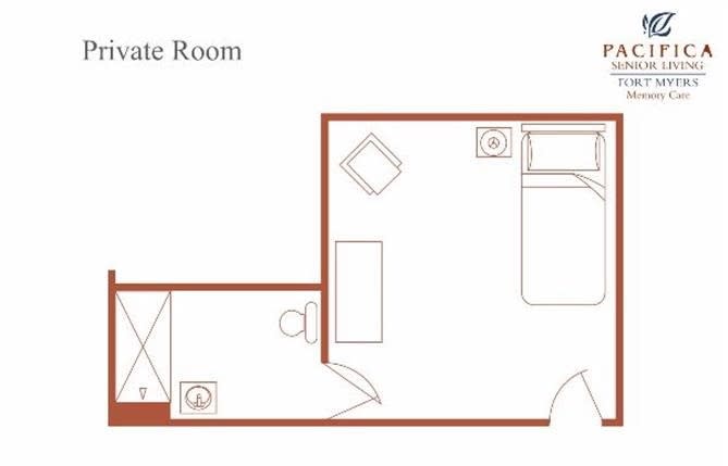 A floor plan depicting a private room layout with a bed, desk, and a small bathroom.