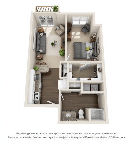 A 3D floor plan of a one-bedroom apartment featuring a living room, kitchen, bathroom, and bedroom.