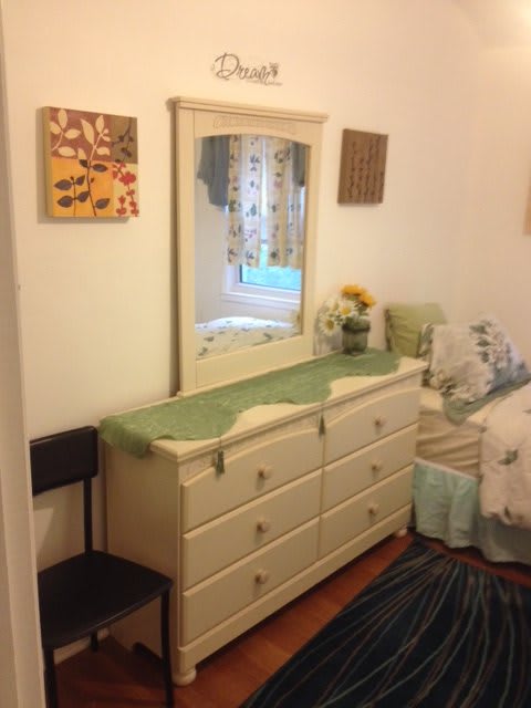 A cozy bedroom with a large dresser and mirror, decorated with artwork and a touch of greenery.