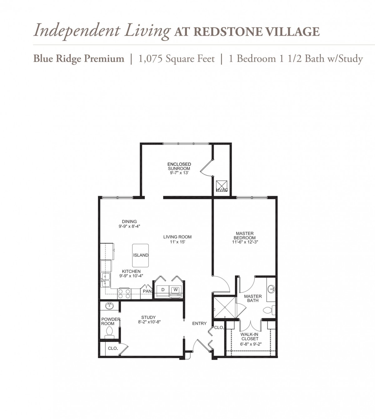 Floor plan of the Blue Ridge Premium at Redstone Village, featuring 1,075 square feet with 2 bedrooms and 2 bathrooms.