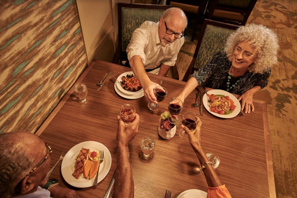 A group of people toasting with wine during a dinner gathering.