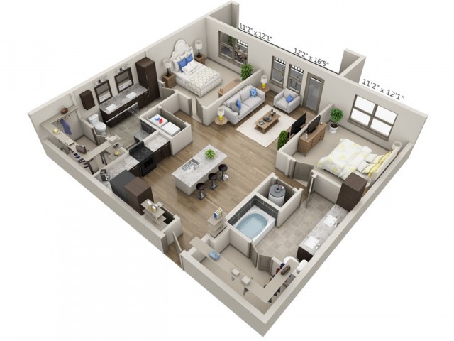 A 3D floor plan of a two-bedroom apartment with modern interior design.