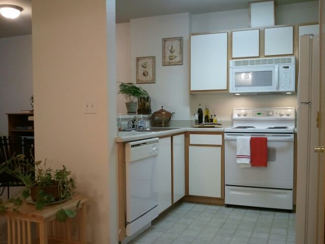 A cozy kitchen with white cabinets, a stove, microwave, and dishwasher.