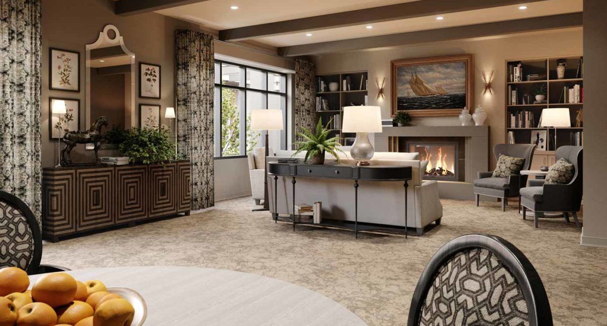 A cozy and elegantly designed living room featuring a fireplace, stylish furniture, and ambient lighting.