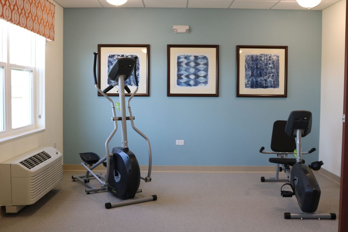 A home gym with an elliptical machine and artwork on the wall.