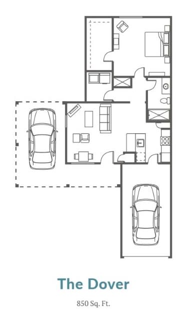 A floor plan of a house featuring two garages, a living room, a kitchen, and a bathroom.