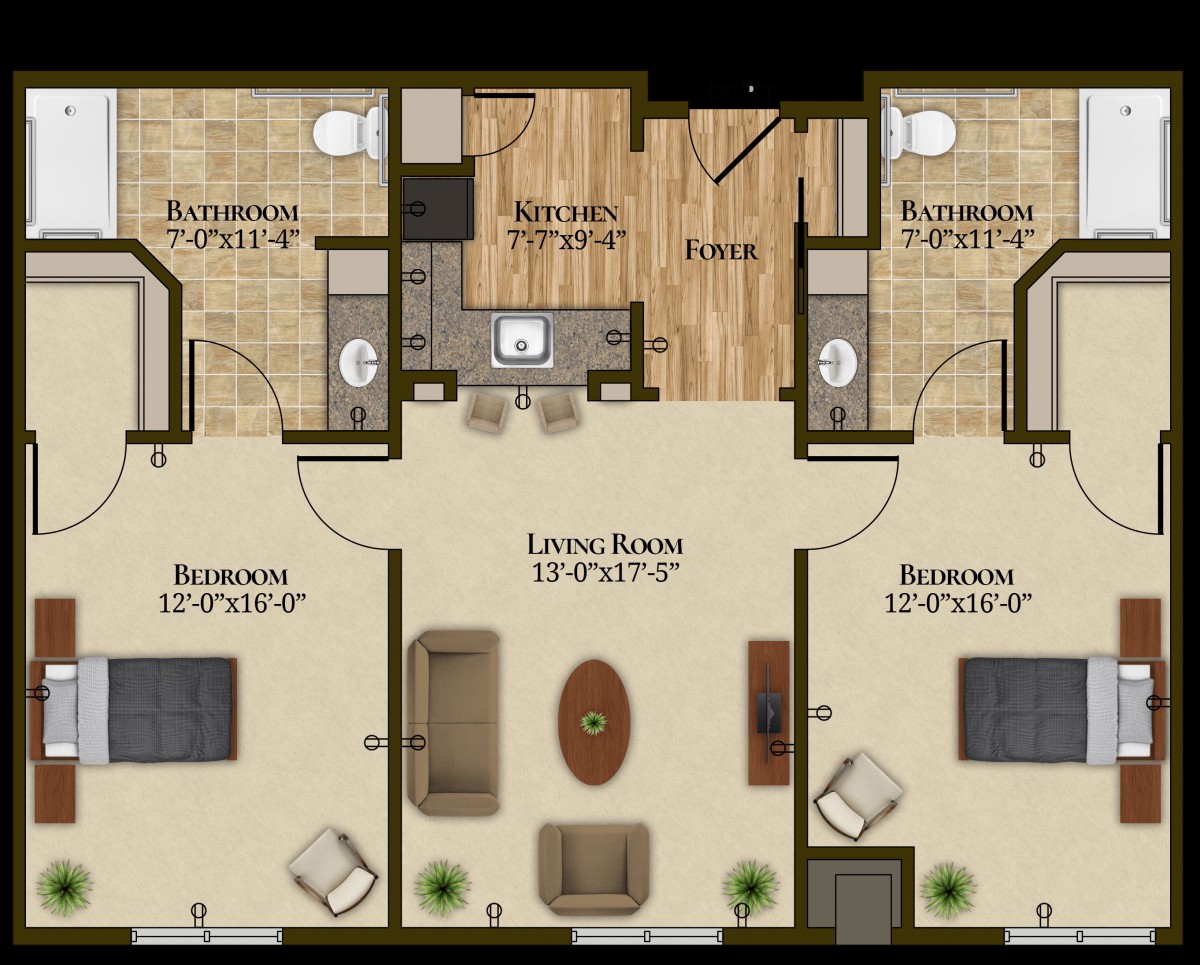 A floor plan of a two-bedroom apartment with bathrooms, living room, and kitchen.