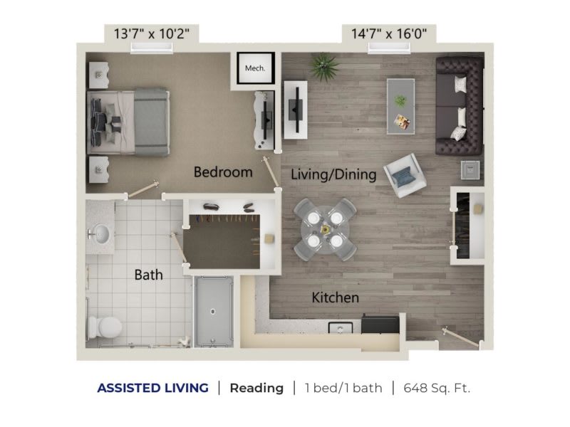 An assisted living floor plan featuring a one-bedroom apartment with a bathroom, kitchen, and combined living/dining area.