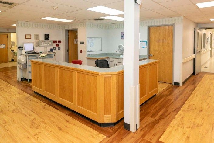 An empty reception area with a wooden desk and clean, bright interior.