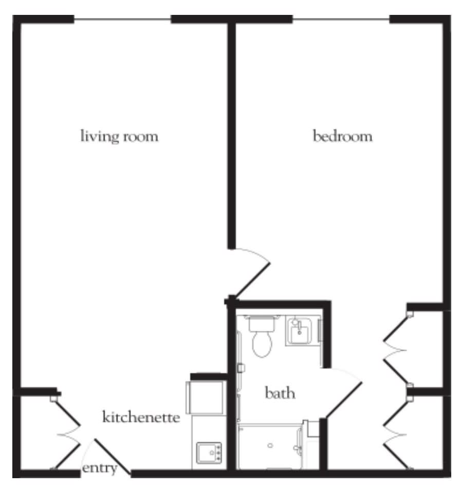 Floor plan showing an apartment layout with a living room, bedroom, kitchenette, and bathroom.