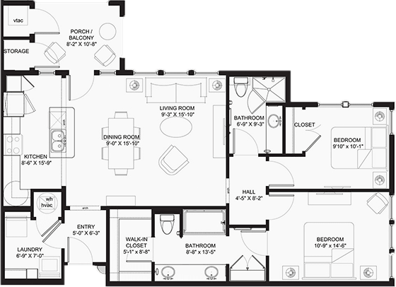A detailed floor plan of an apartment, showing the layout of different rooms and spaces.