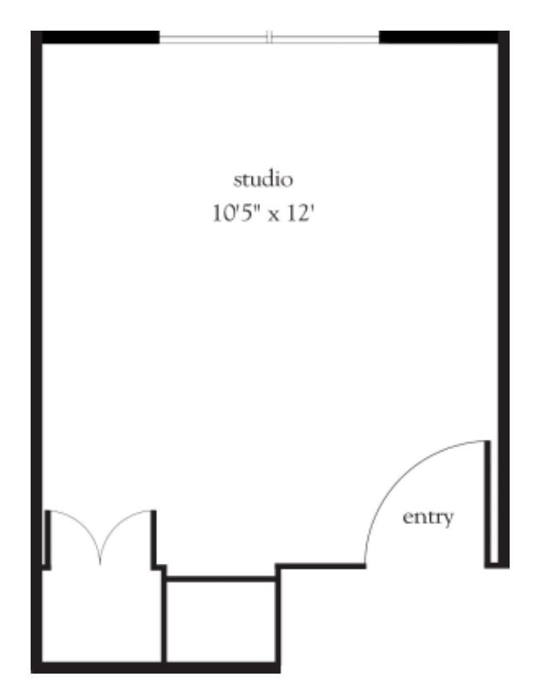 Floor plan of a studio apartment with labeled dimensions.
