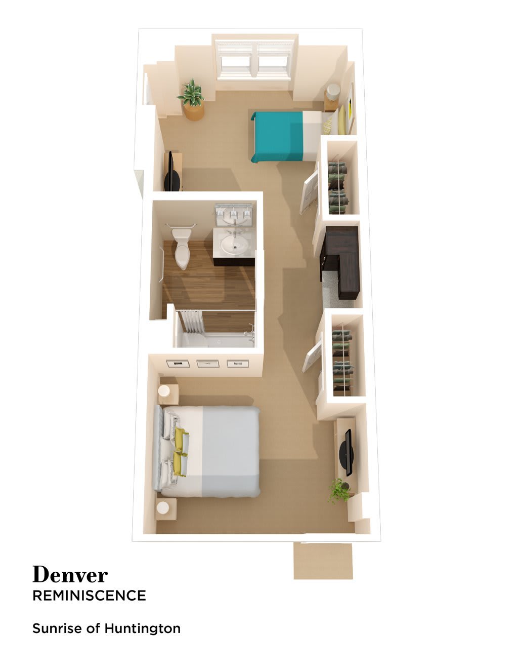 A 3D floor plan of a two-bedroom apartment with designated living areas and furniture placement.