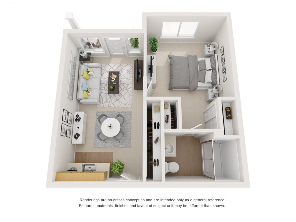 A 3D floor plan of a one-bedroom apartment showcasing the living room, kitchen, and bedroom.