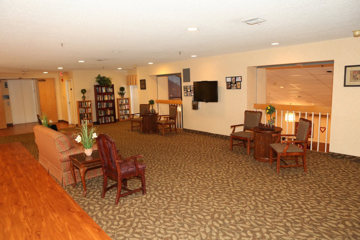 A spacious lobby with comfortable seating and modern decor.