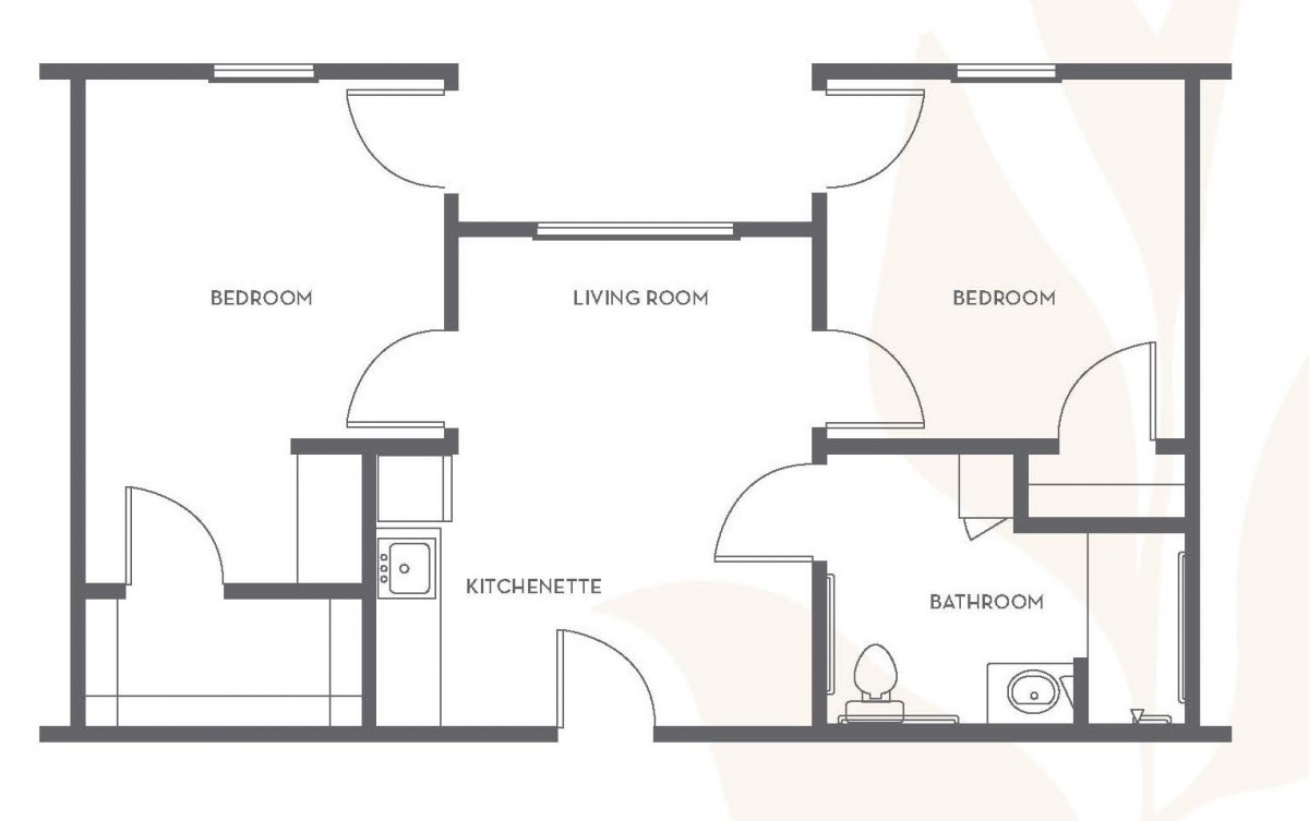 A floor plan of a small apartment featuring two bedrooms, a living room, a kitchenette, and a bathroom.
