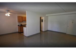 An unfurnished apartment interior showcasing an open living area connected to a small kitchen.