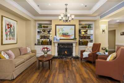 A cozy living room featuring a fireplace, comfortable seating, and elegant decor.
