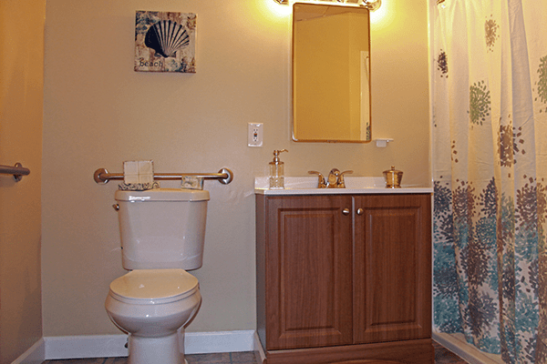 A bathroom featuring a toilet, sink with a wooden cabinet, and a mirror above. There's artwork on the wall and a towel rack beside the toilet.