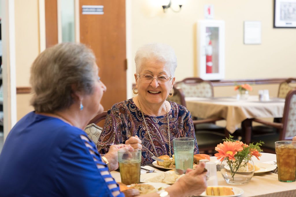 Two elderly women enjoying a meal and conversation.