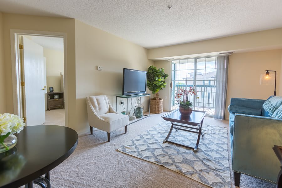 A bright and modern living room with comfortable seating, a large TV, and plenty of natural light.
