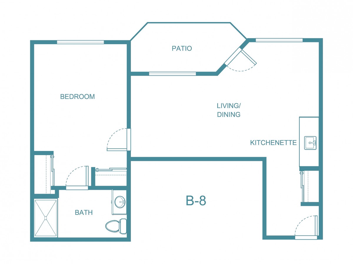 A floor plan of a one-bedroom apartment featuring a living/dining area, kitchenette, patio, bedroom, and bathroom.