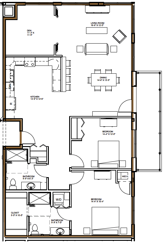 A detailed floor plan illustrating the layout of an apartment with designated areas for the kitchen, living room, dining room, and bedroom.