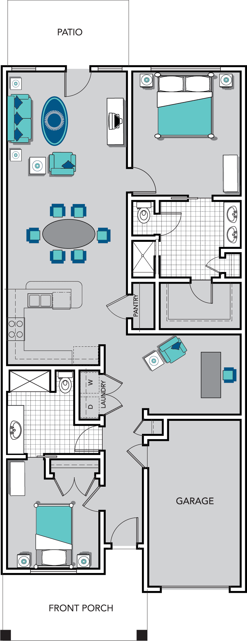 A detailed floor plan of an apartment, featuring a kitchen, dining area, living room, bedroom, and bathrooms.