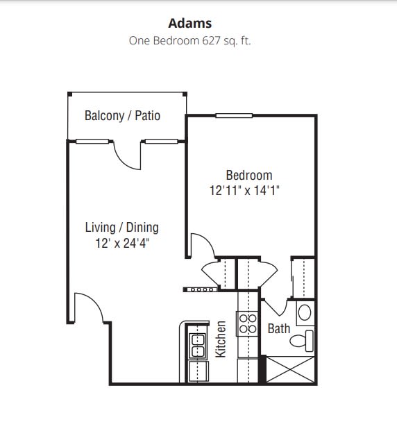 One-bedroom apartment floor plan with a balcony, living/dining area, kitchen, bathroom, and bedroom.