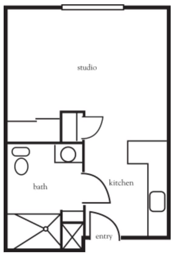 A floor plan of a studio apartment featuring a kitchen, bathroom, and study area.