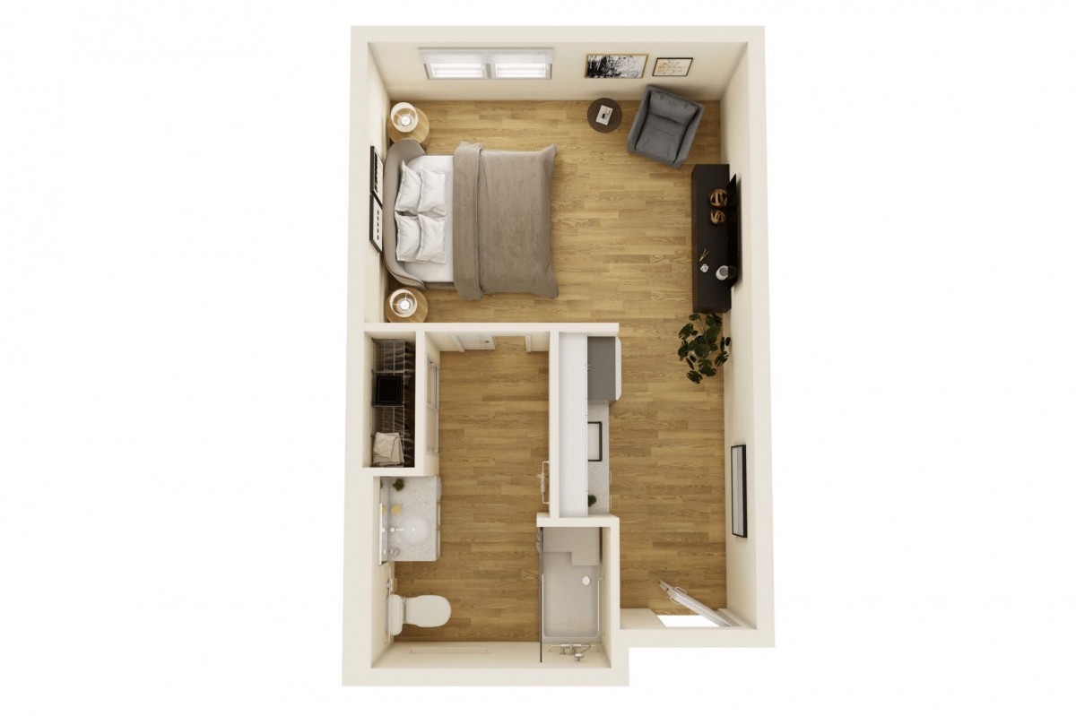 A compact and modern apartment floor plan featuring a bedroom, bathroom, and living area.