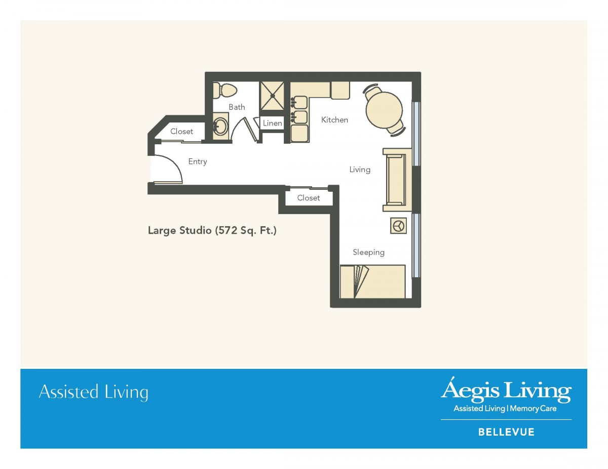 Floor plan of a large studio apartment with designated living, dining, and sleeping areas.