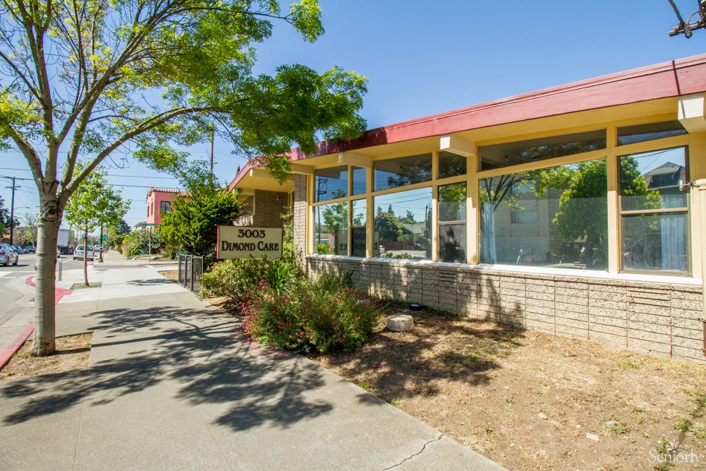 The exterior of a restaurant on a sunny day, featuring trees and a sidewalk.