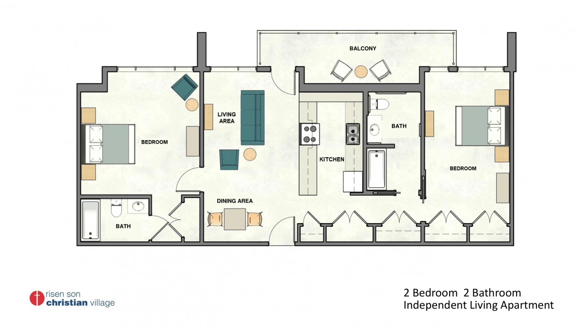 A floor plan layout of a two-bedroom apartment including living room, kitchen, and bathroom.