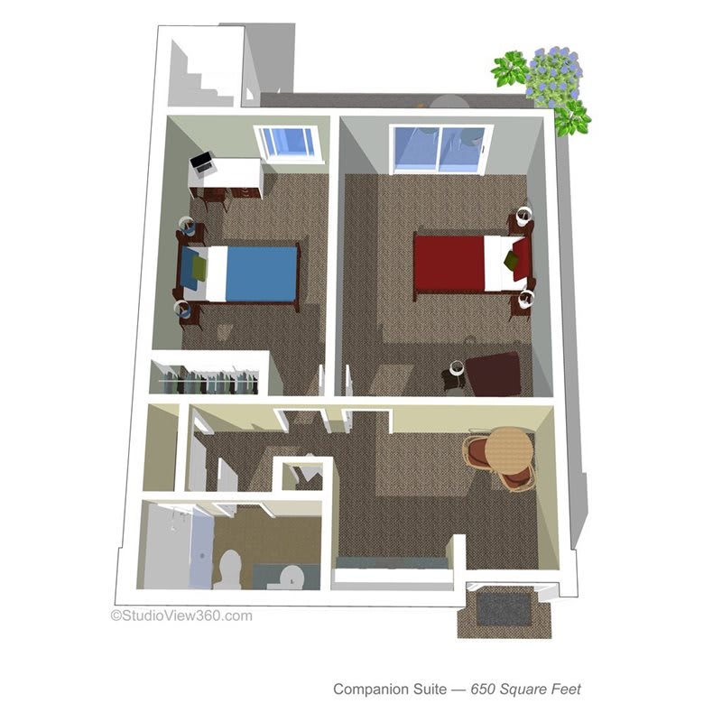 A 3D floor plan of a two-bedroom apartment with distinct living and dining areas.