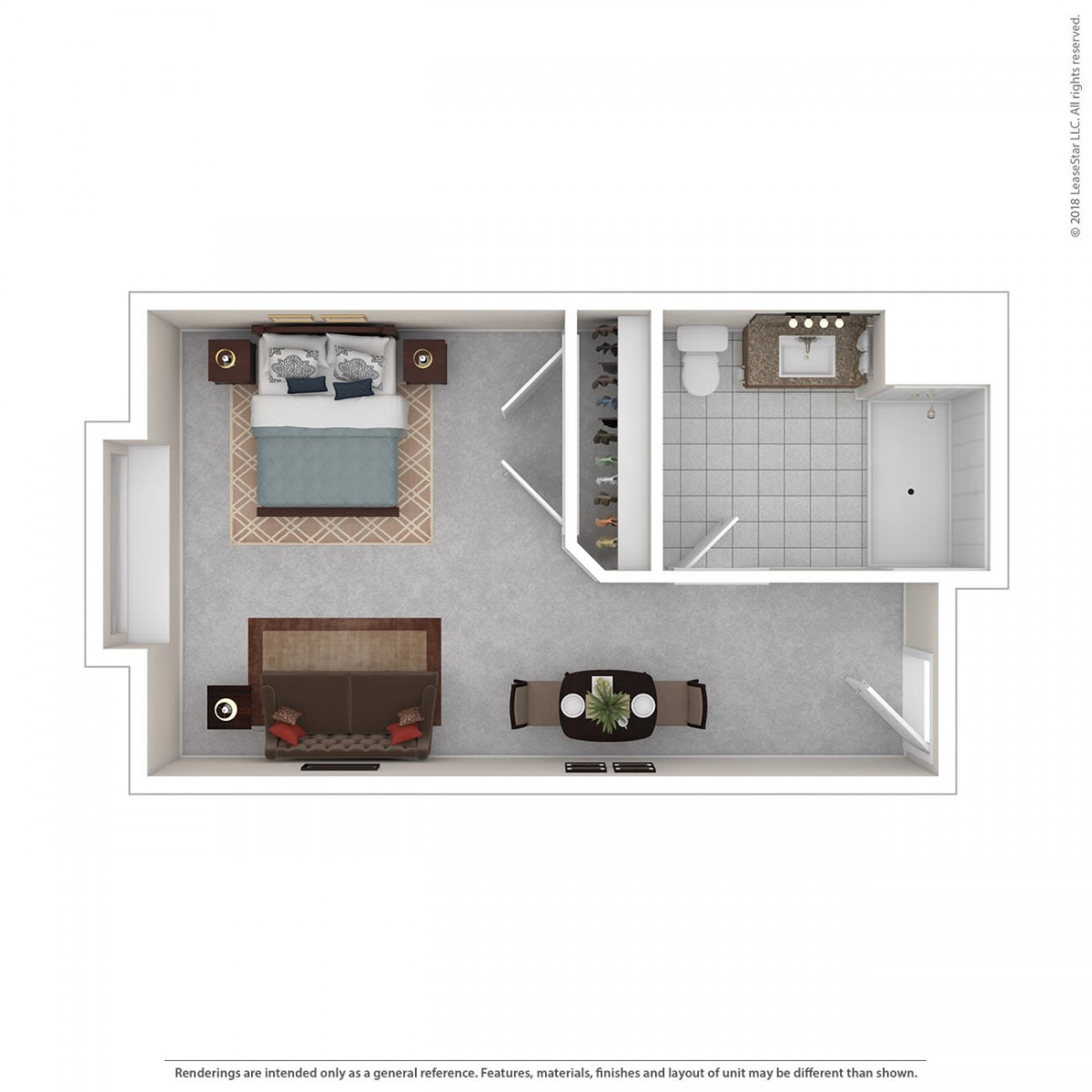 A one-bedroom apartment floor plan featuring a bedroom, living area, kitchen, and bathroom.