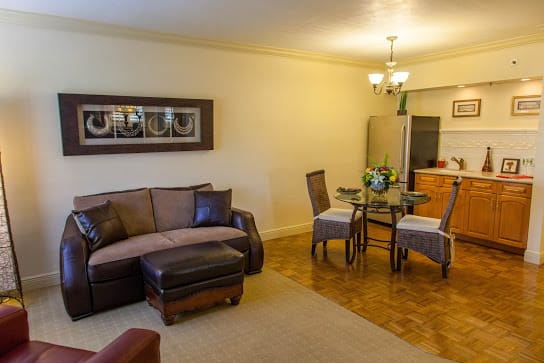 A cozy living room with a sofa, dining table, and chandelier, featuring wooden flooring and stylish decor.