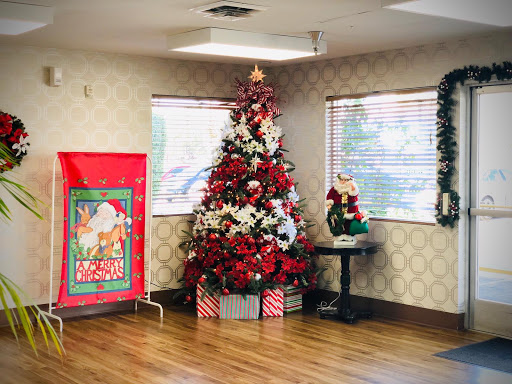 A beautifully decorated Christmas tree adorned with red and white flowers, surrounded by holiday decor.