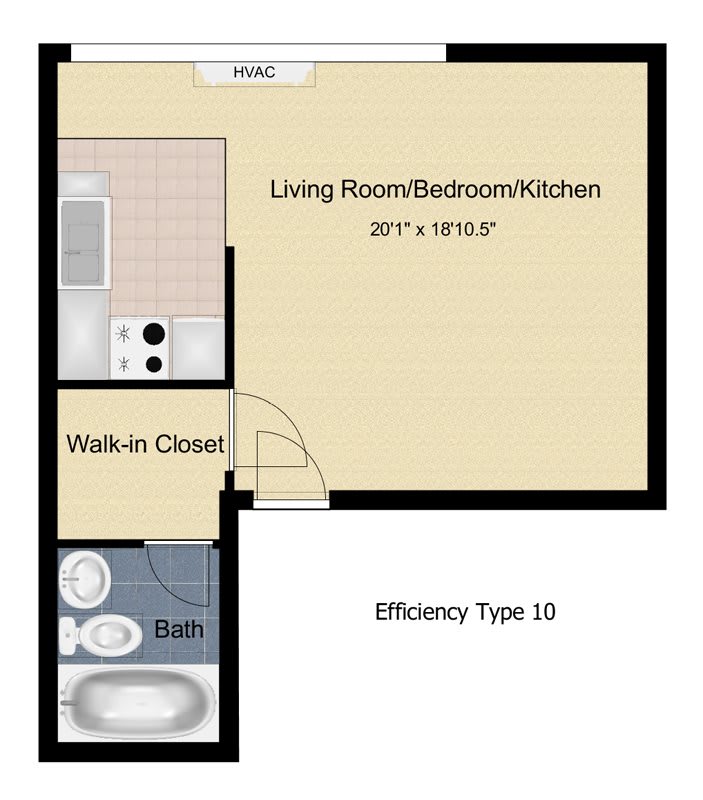 This is a floor plan of an Efficiency Type 1D studio apartment, showcasing a combined living room, bedroom, and kitchen area with an adjoining bathroom and walk-in closet.