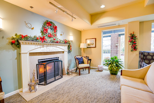 A cozy living room featuring a fireplace, comfortable seating, and decorative plants.