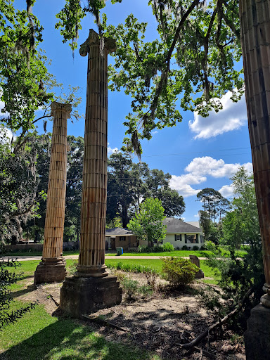 A serene view featuring ancient columns amidst lush greenery and a clear blue sky.