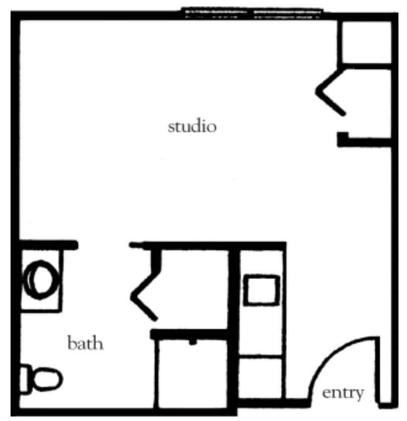 Floor plan of a studio apartment with labeled areas for bath, kitchen, and entry.