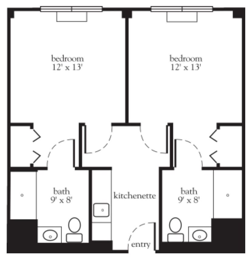 A floor plan featuring two bedrooms, each with an adjoining bathroom and a shared kitchenette.