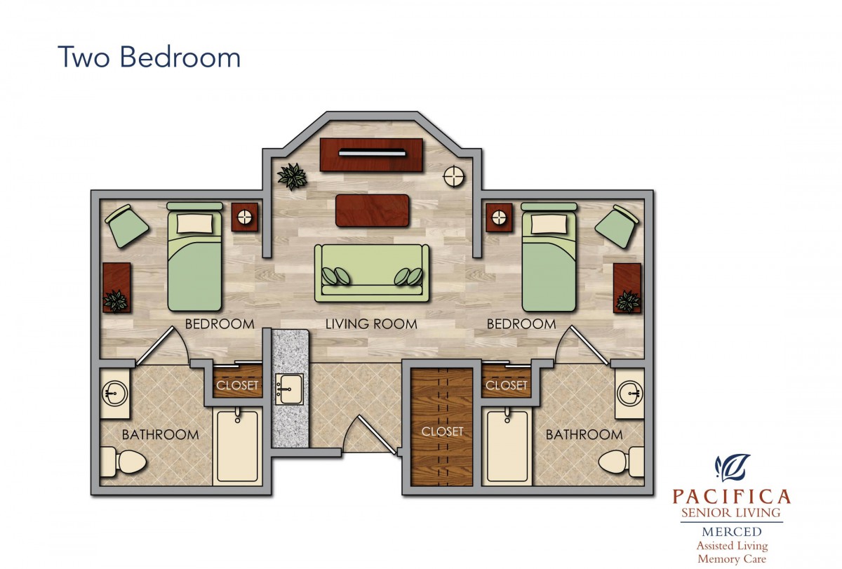 Two-bedroom apartment floor plan with living room and kitchen.