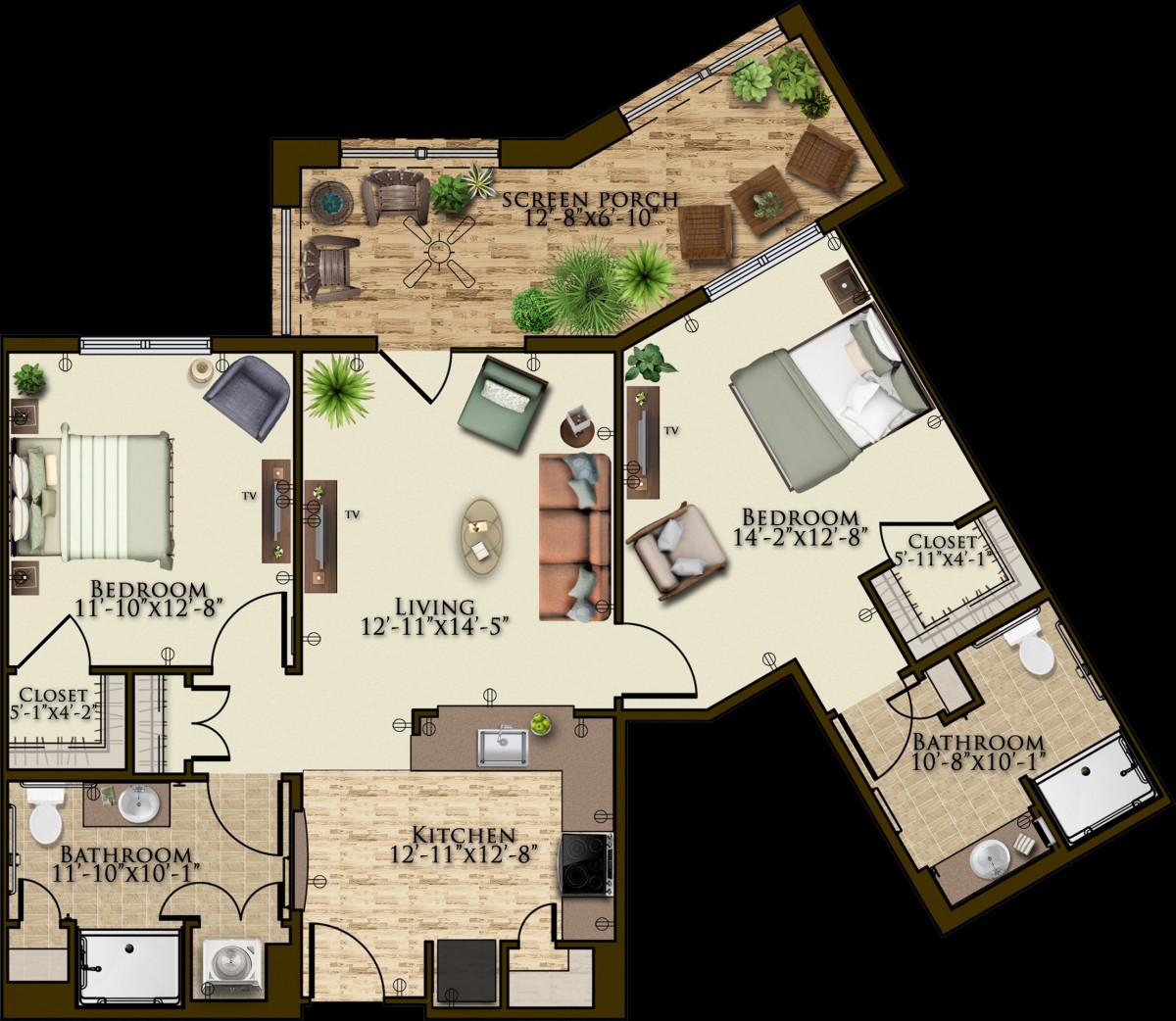 A detailed floor plan of a residential apartment showing various rooms including bedrooms, a living room, and a patio area.