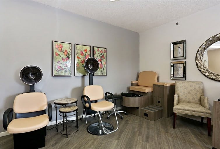 A cozy hair salon with stylish chairs and artistic wall decor.