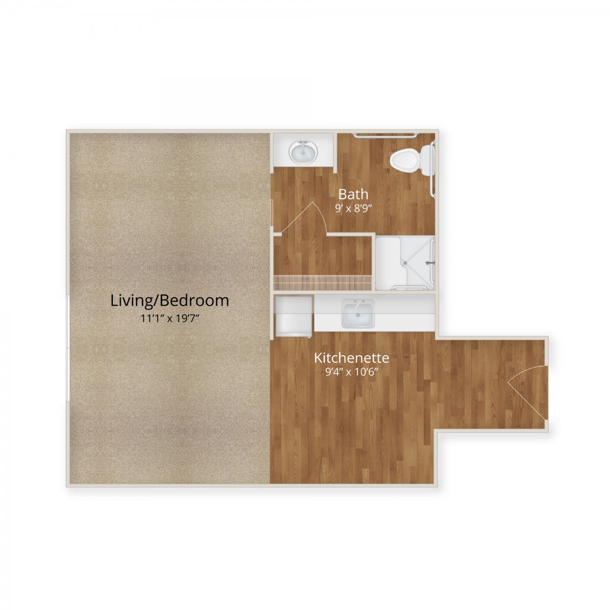 A floor plan of a studio apartment showing the layout for living/bedroom, bathroom, and kitchen areas.