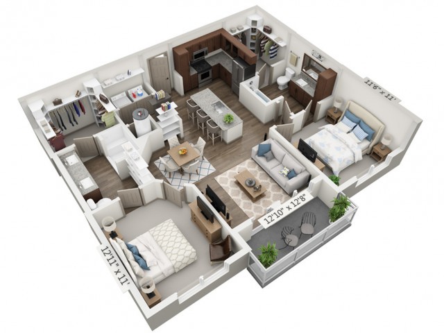 A detailed 3D floor plan of an apartment featuring an open concept living area, two bedrooms, and two bathrooms.